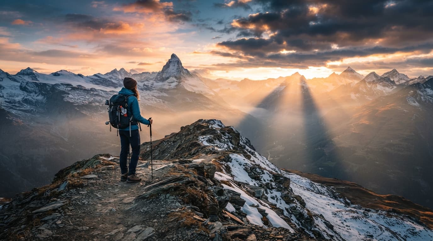 Replace background with alpine sunrise, keep subject