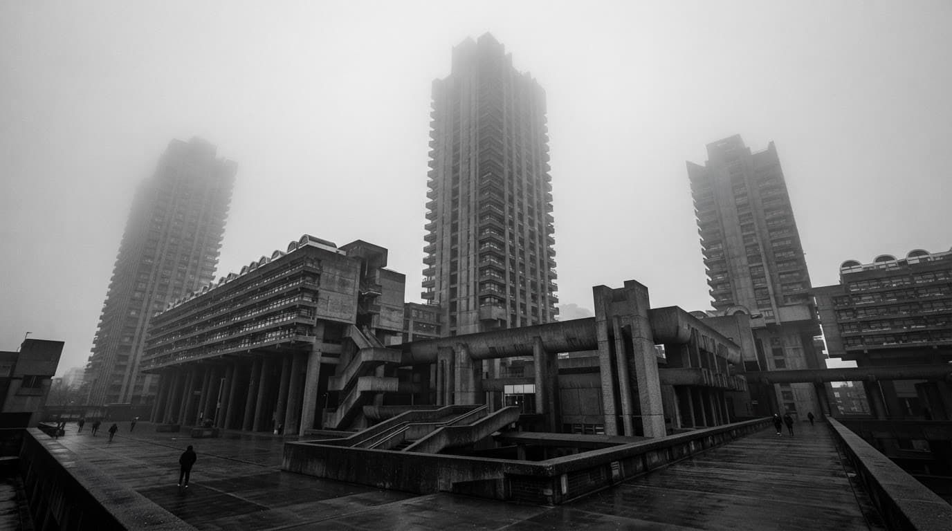 Brutalist architecture, fog, ultra-wide, monochrome
