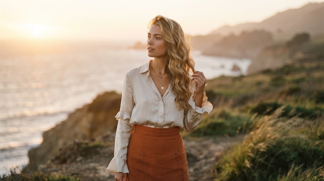 Editorial portrait, golden hour, 85mm, soft film grain