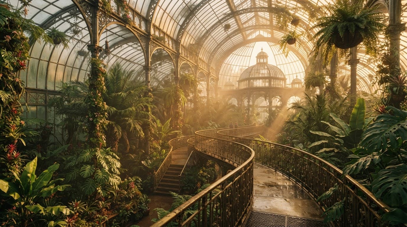 Victorian greenhouse at golden hour, god rays