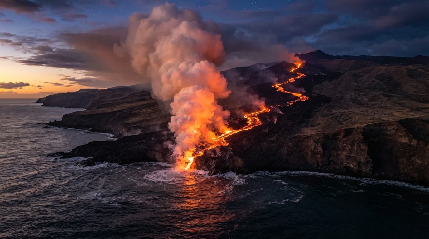 Aerial: molten lava meets the ocean at twilight