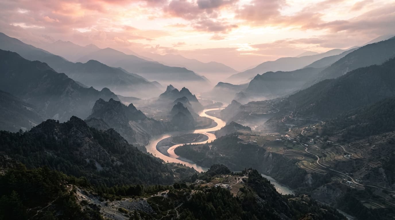 Aerial: misty valley at sunrise, river of gold