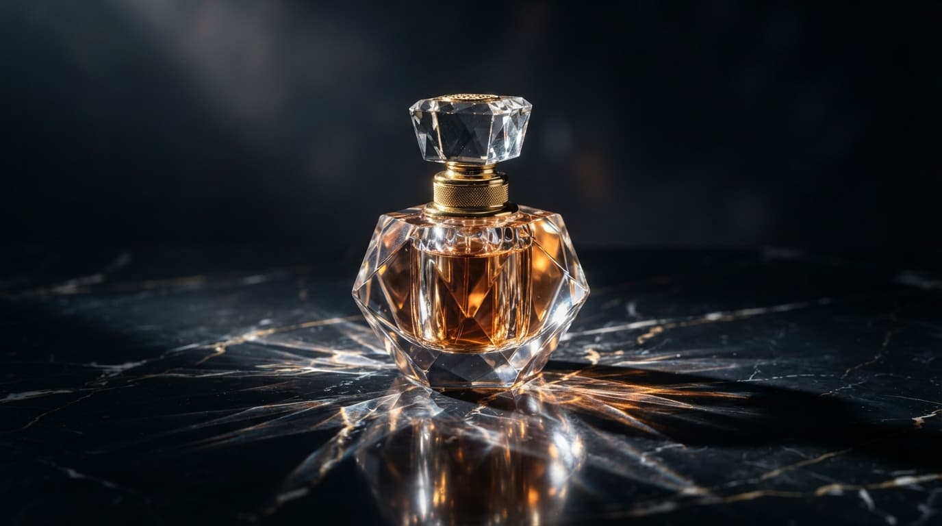 Product hero: perfume bottle on black marble, caustics