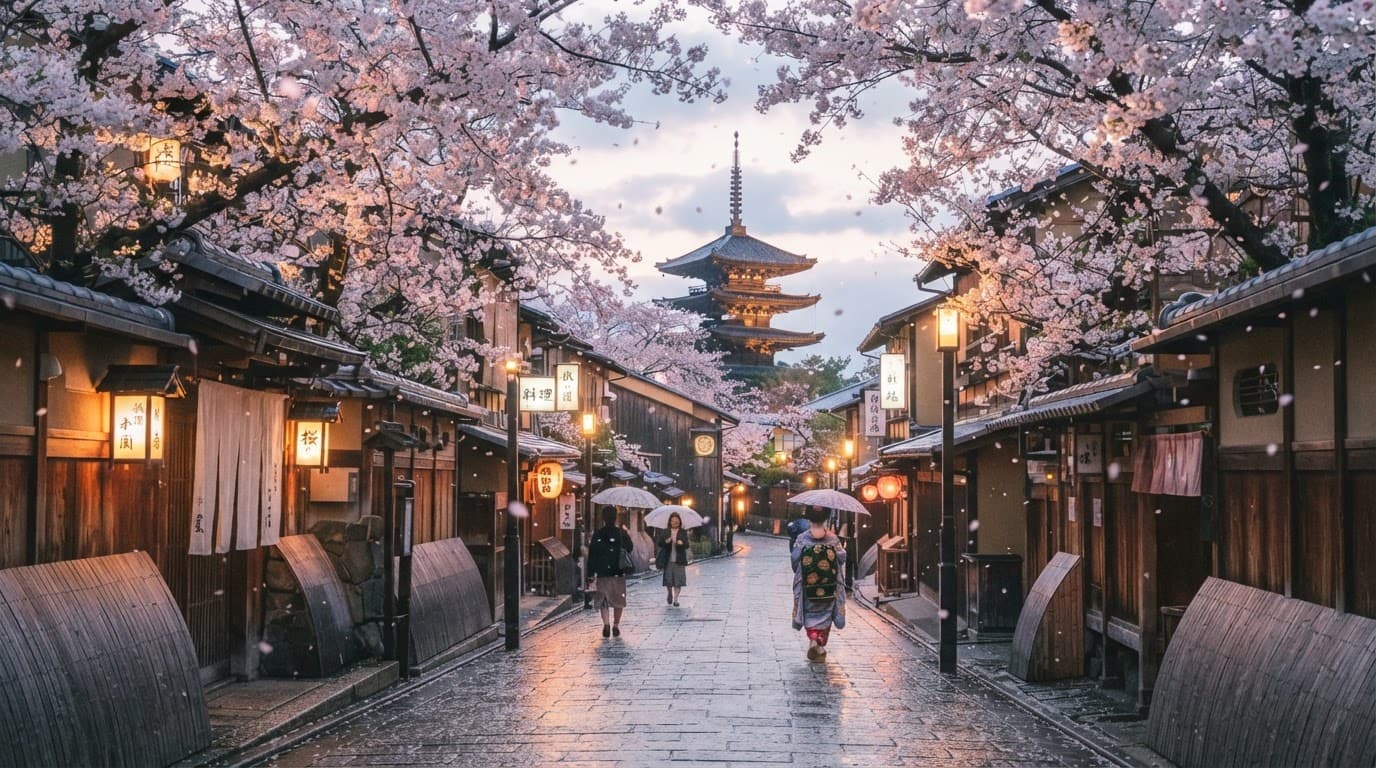 Kyoto street in full bloom at dawn, petals drifting