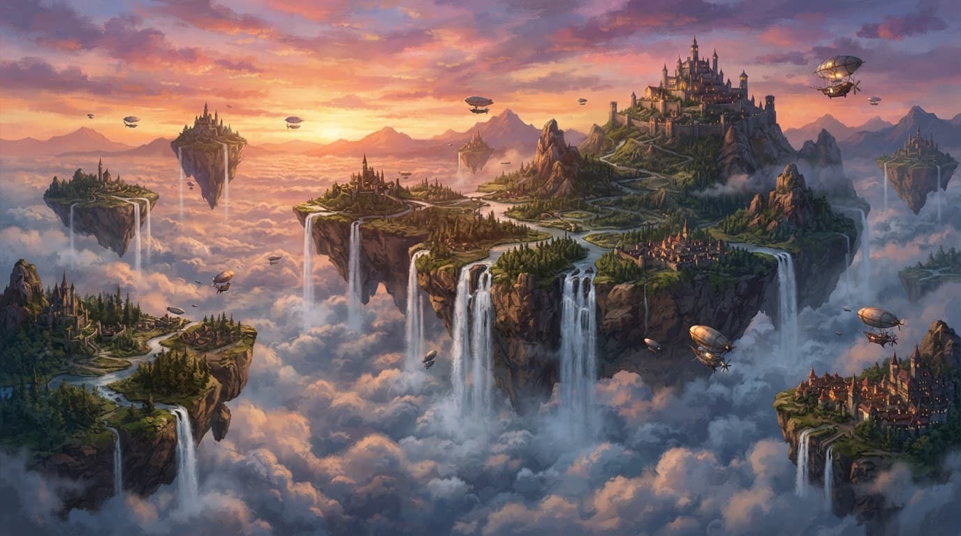 Floating islands, waterfalls pouring into clouds