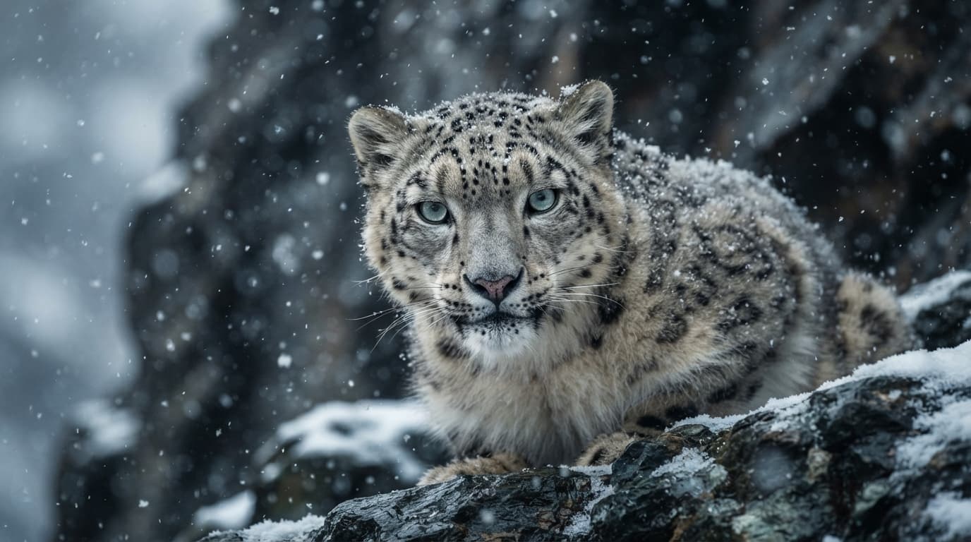 Snow leopard portrait in falling snow, piercing eyes